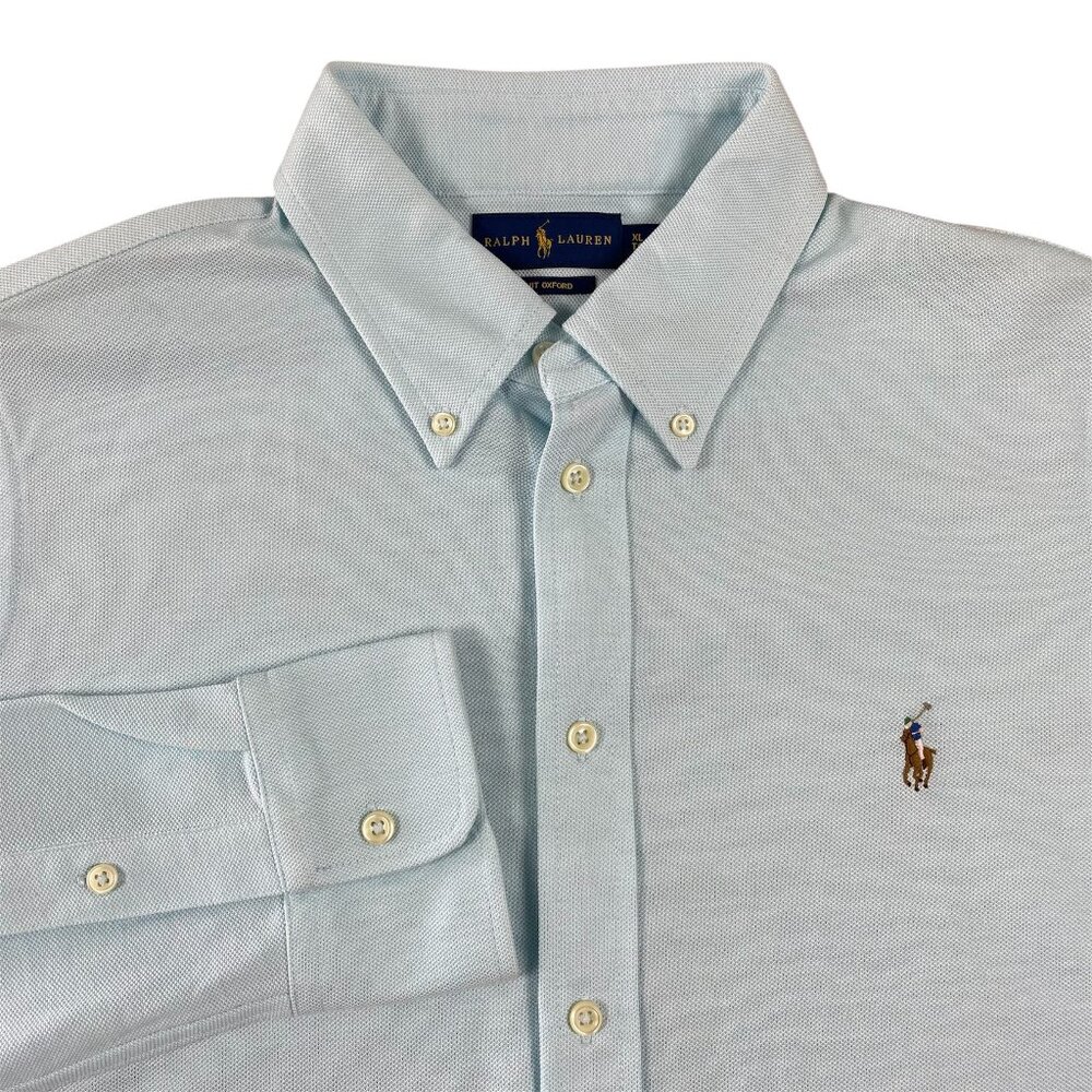 Polo Ralph Lauren Women's Shirt Knit Oxford Flesh Pony Button-Down Blue XL.